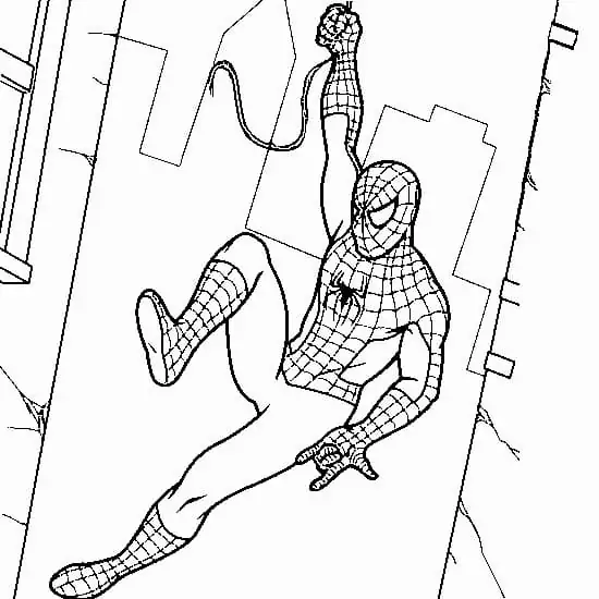 Spiderman hält sich am Netz fest