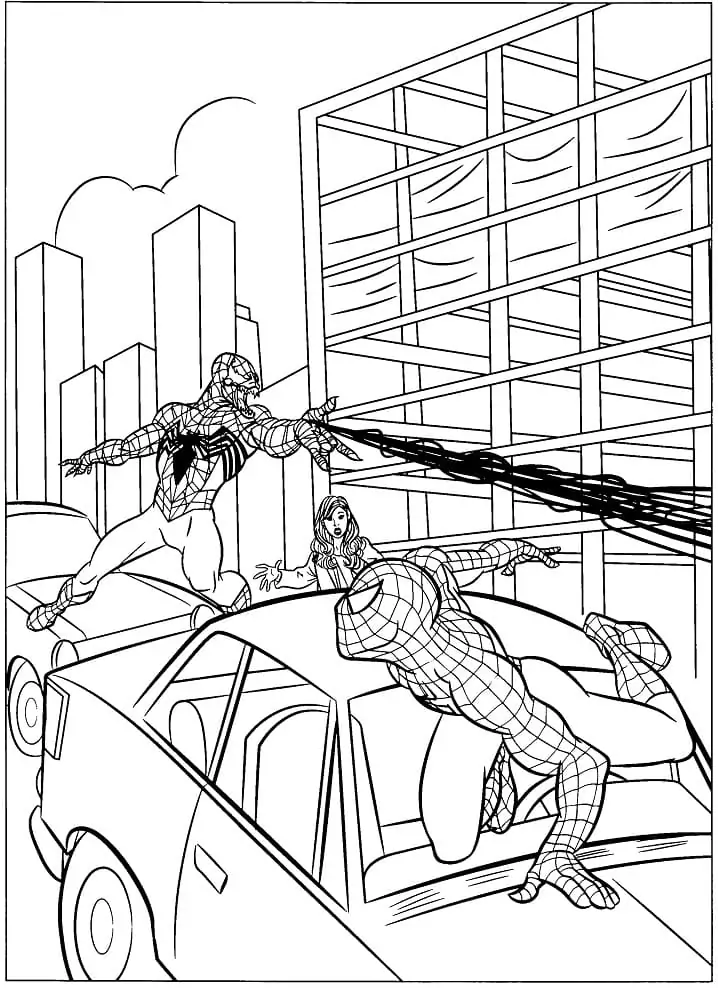 Spiderman and Venom Fighting Coloring Page