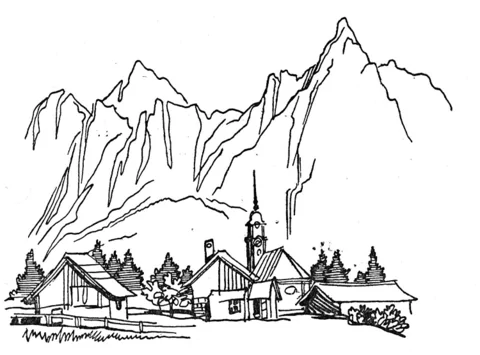 Dorf am Fuße des Berges