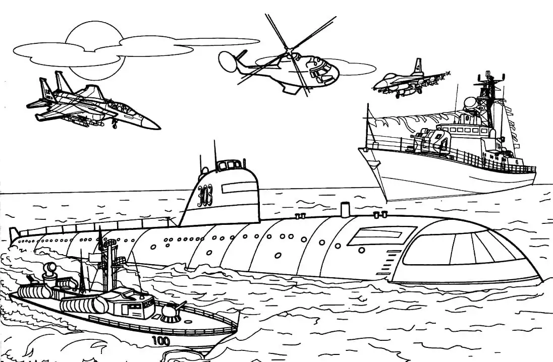 Kriegsschiffe, Sumbarine und Flugzeuge