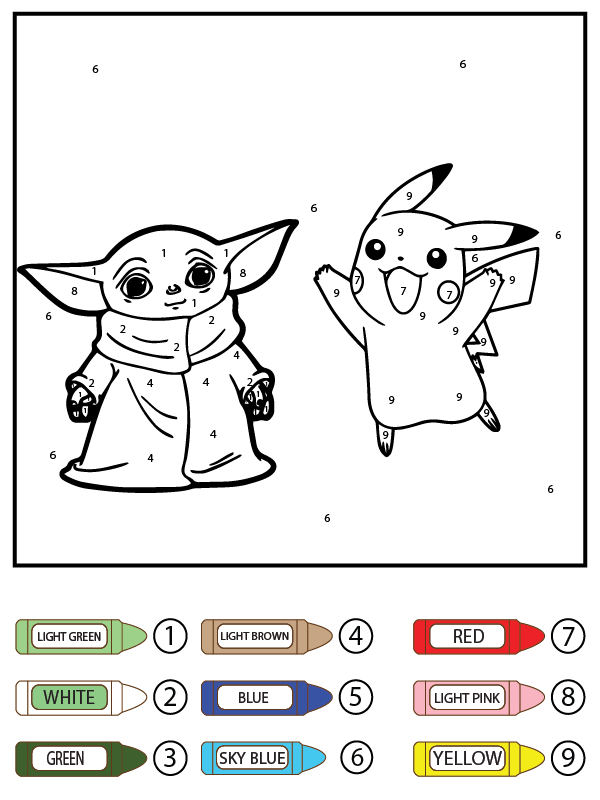 Adult Baby Yoda, Star, and Sun Color by Number Coloring Page - Free