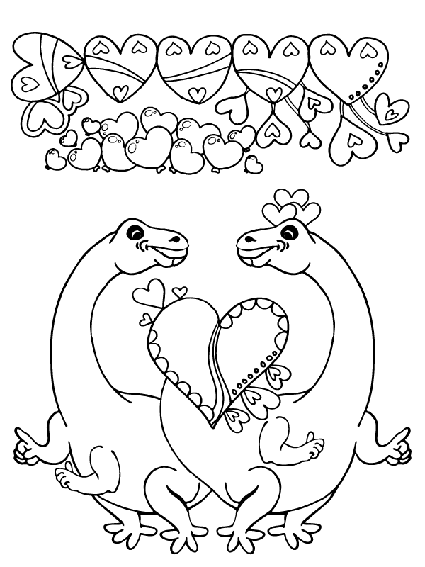 Adorable Dinosaurs in Valentines - Coloring Pages