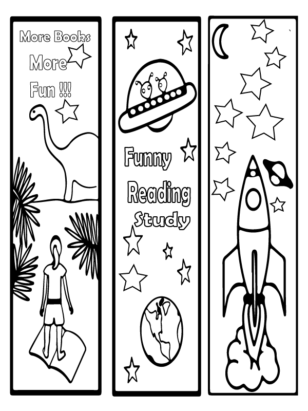 Dinosaur, Spaceship, and Rocket Bookmark for Kids Färbung Seite ...