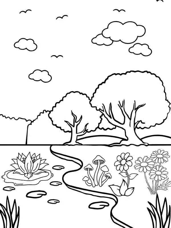 Sun and Cute Kitten in the Garden - Coloring Pages