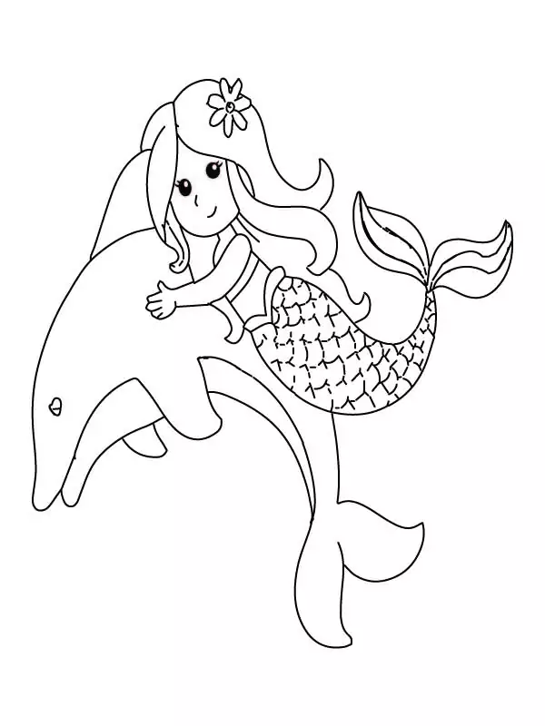 Happy Mermaid and Dolphin - Coloring Pages