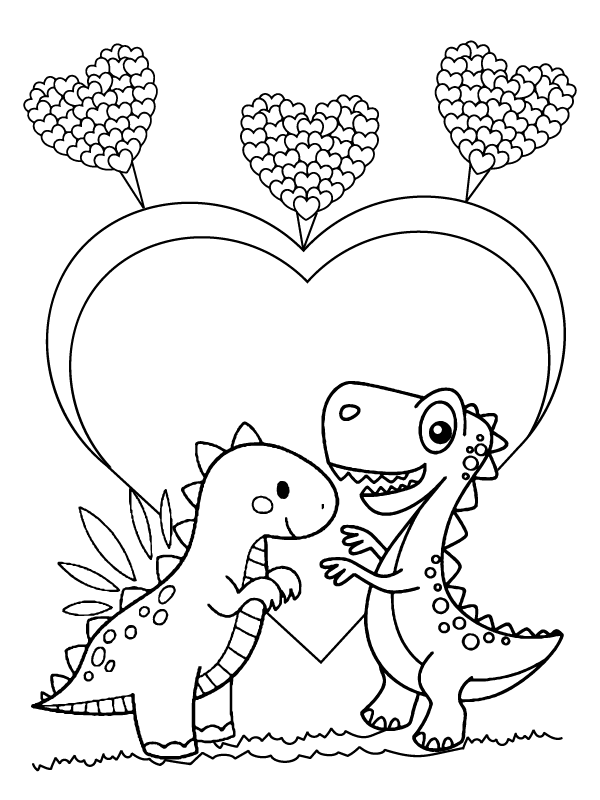 Adorable Dinosaurs in Valentines - Coloring Pages