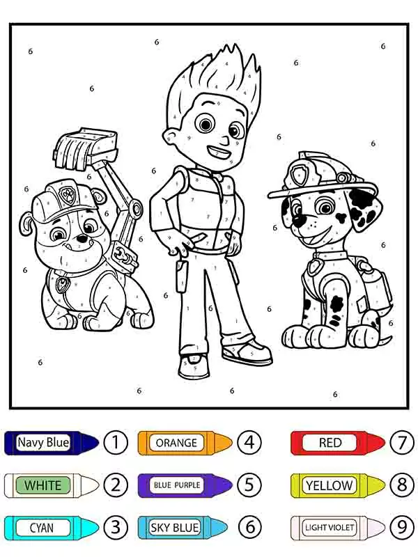 Paw Patrol Rubble, Ryder, and Marshall Color by Number Coloring Page - Free  Printable Coloring Pages for Kids