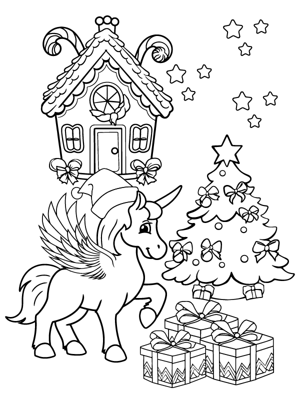 Christmas Unicorn Coloring Page