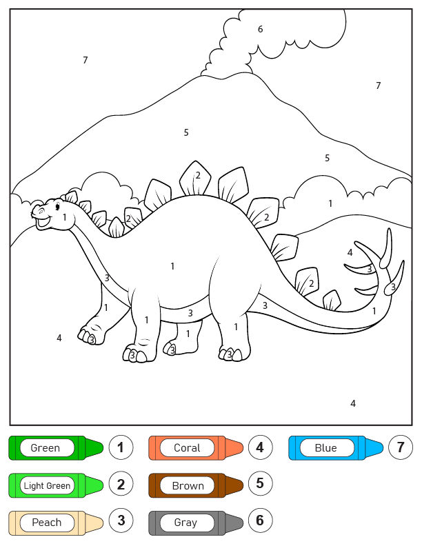 Dinosaur Color by Number - Free Printable Coloring Pages for Kids